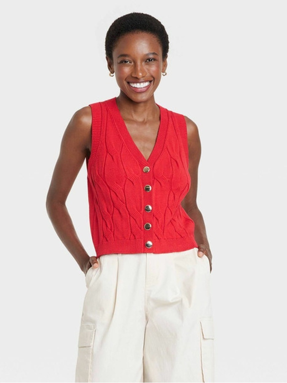A New Day Cabled Button-Down Vest in Red (Size:XL)